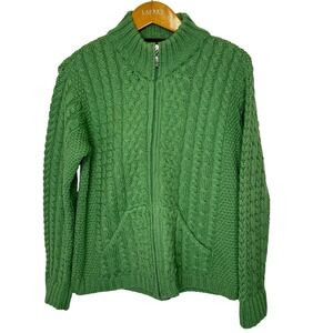 Inis Crafts Cable Knit Full Zip Wool Sweater Womens M Green